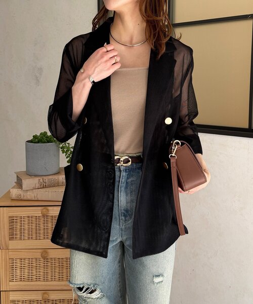 Thevon（ゼボン）の「【新色登場！】GOLDボタンメッシュテーラードジャケット（テーラードジャケット・レディース・グレイッシュベージュ/モカ/ネイビー・FREE）」の4枚目の写真