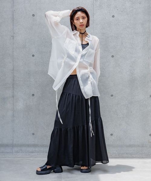 PAGEBOY(ページボーイ)の「ドロストシャーリングシアーシャツ(シャツ/ブラウス・レディース・ブラック/グレー系その他/オフホワイト/レッド・FREE)」の6枚目の写真
