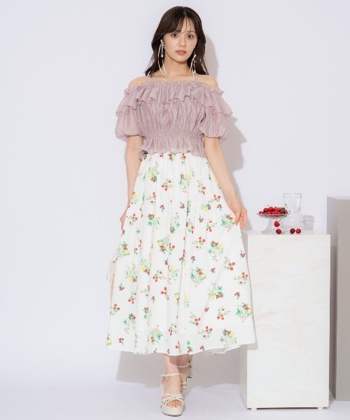 WILLSELECTION（ウィルセレクション）の「フルーツプリントギャザー切替スカート（スカート・レディース・ネイビー/オフホワイト・FREE）」の6枚目の写真