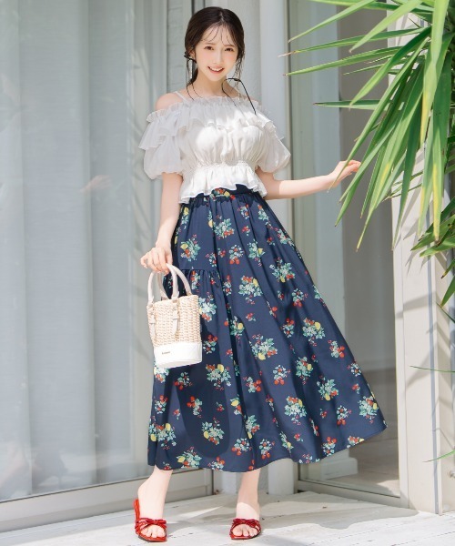 WILLSELECTION（ウィルセレクション）の「フルーツプリントギャザー切替スカート（スカート・レディース・ネイビー/オフホワイト・FREE）」の5枚目の写真