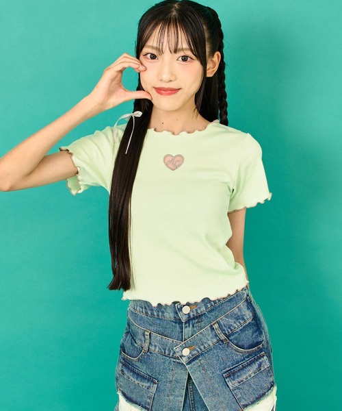 ANAP GｉRL（アナップガール）の「ハートアキ メローリブ トップス（Tシャツ/カットソー・キッズ・ホワイト/ブラック/ライム・S/M/XS）」の13枚目の写真