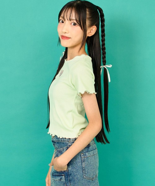 ANAP GｉRL（アナップガール）の「ハートアキ メローリブ トップス（Tシャツ/カットソー・キッズ・ホワイト/ブラック/ライム・S/M/XS）」の14枚目の写真