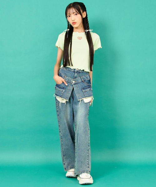 ANAP GｉRL（アナップガール）の「ハートアキ メローリブ トップス（Tシャツ/カットソー・キッズ・ホワイト/ブラック/ライム・S/M/XS）」の17枚目の写真