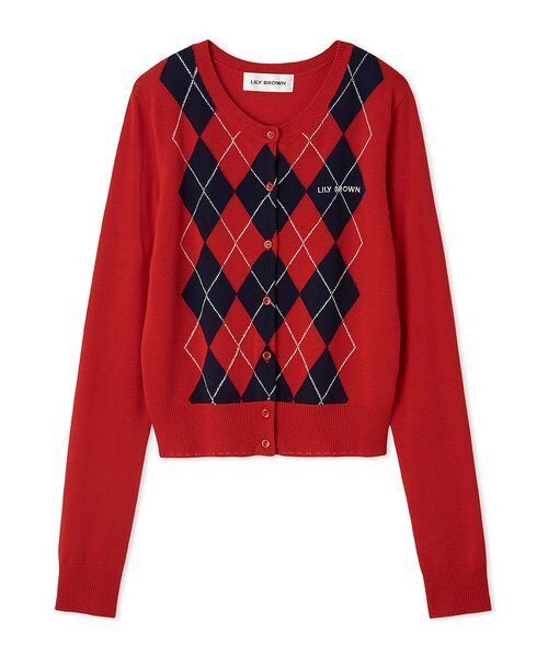 LILY BROWN（リリーブラウン）の「ロゴ刺繍アーガイルカーディガン