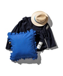 PUEBCO(vGuR)SHIRT FABRIC RUFFLE CUSHION COVER Blue Stripe(NbV/NbVJo[)