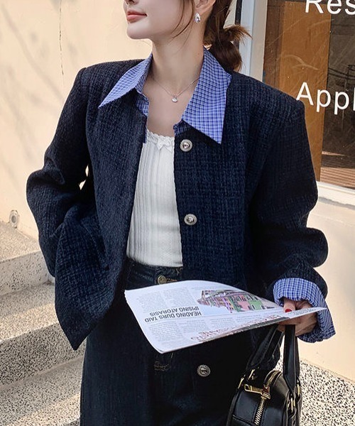 セール】【セパレート襟付き2WAY】ブルーカラーアクセントツイード