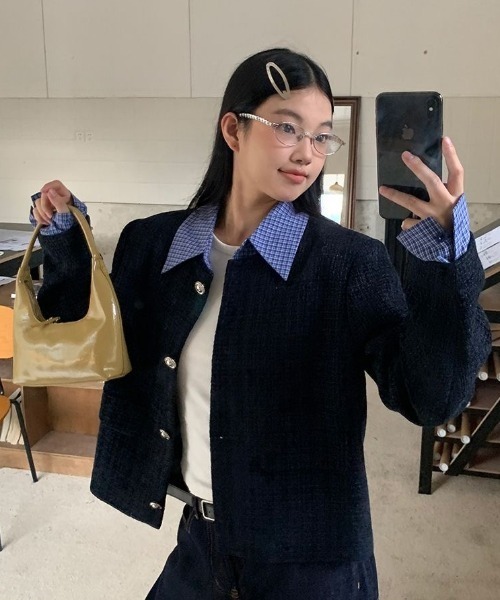 セール】【セパレート襟付き2WAY】ブルーカラーアクセントツイード