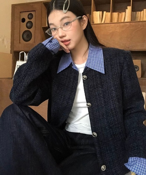 セール】【セパレート襟付き2WAY】ブルーカラーアクセントツイード