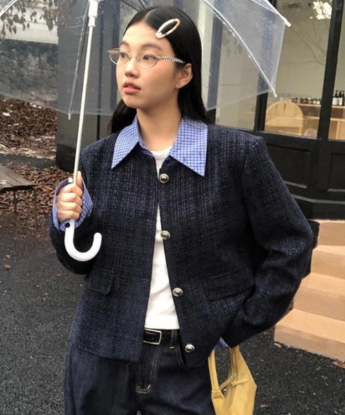 セール】【セパレート襟付き2WAY】ブルーカラーアクセントツイード