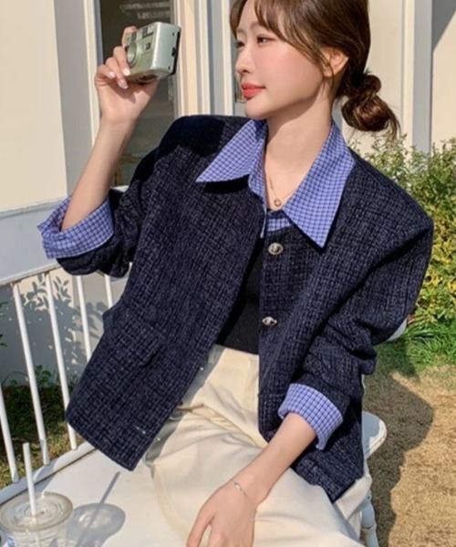 セール】【セパレート襟付き2WAY】ブルーカラーアクセントツイード