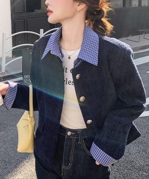 BLUELEA ブルレア ツイードジャケット セール】【セパレート襟付き2WAY】ブルーカラーアクセントツイード