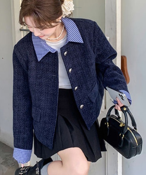 セール】【セパレート襟付き2WAY】ブルーカラーアクセントツイード