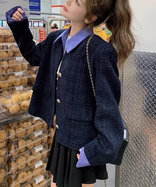 セール】【セパレート襟付き2WAY】ブルーカラーアクセントツイード