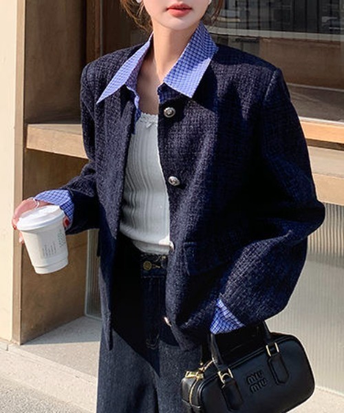 セール】【セパレート襟付き2WAY】ブルーカラーアクセントツイード