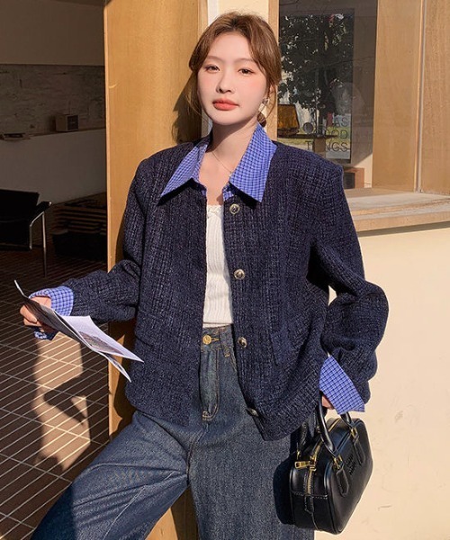 【美品】芽風　ジャケット　立襟 ボリュームスリーブショート丈ツイードジャケット [K1294