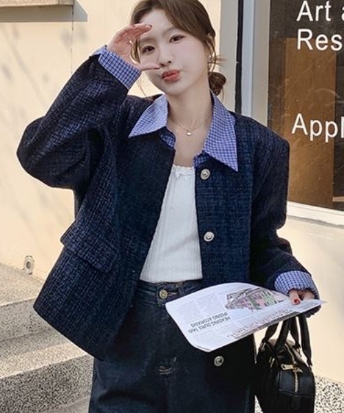 セール】【セパレート襟付き2WAY】ブルーカラーアクセントツイード