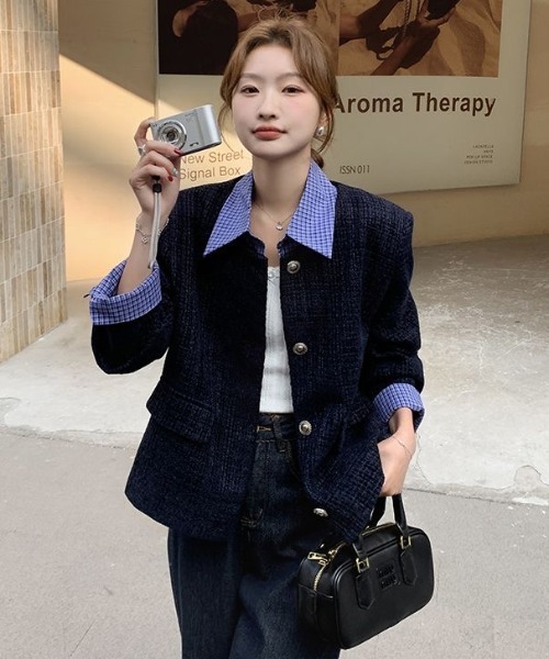 セール】【セパレート襟付き2WAY】ブルーカラーアクセントツイード