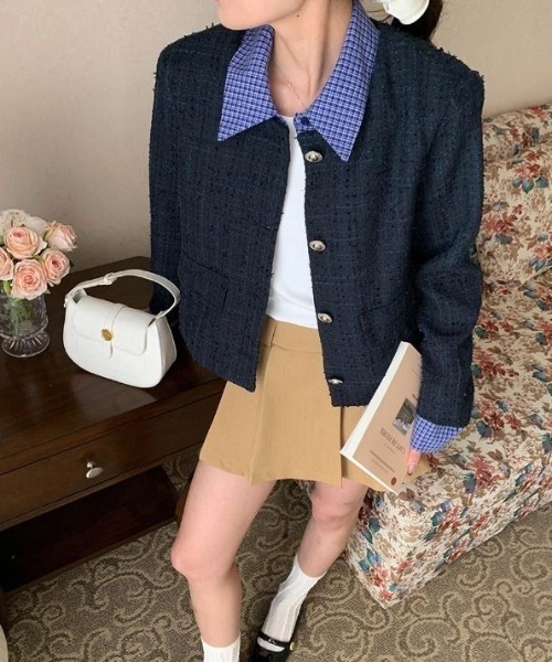 セール】【セパレート襟付き2WAY】ブルーカラーアクセントツイード