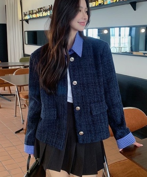セール】【セパレート襟付き2WAY】ブルーカラーアクセントツイード