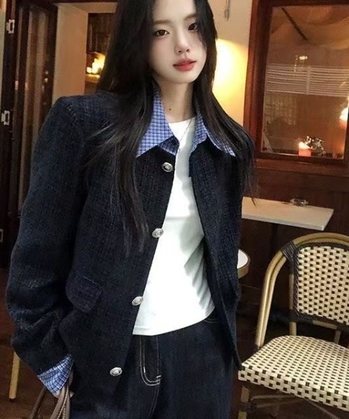 セール】【セパレート襟付き2WAY】ブルーカラーアクセントツイード