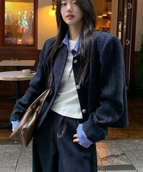 ディオール ヴィンテージ ショート ジャケット ブルー 紺 レディース セール】【セパレート襟付き2WAY】ブルーカラーアクセントツイード
