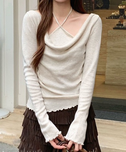 Lace Ladies(レースレディース)の「ホルターネック ドレープ レイヤード風 長袖 トップス(Tシャツ/カットソー・レディース・アイボリー/グレー/ブルー/オートミール/ピンク・FREE)」の4枚目の写真