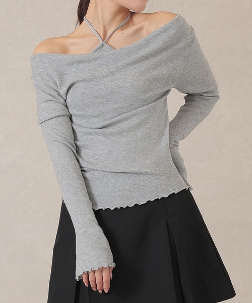 Lace Ladies(レースレディース)の「ホルターネック ドレープ レイヤード風 長袖 トップス(Tシャツ/カットソー・レディース・アイボリー/グレー/ブルー/オートミール/ピンク・FREE)」の3枚目の写真