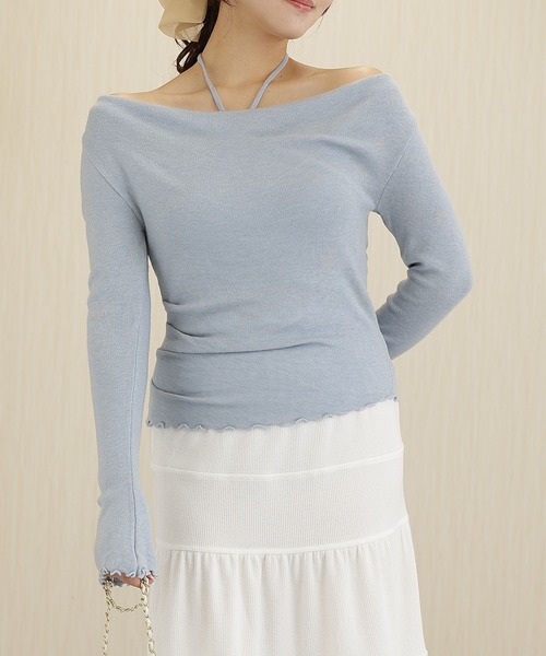 Lace Ladies(レースレディース)の「ホルターネック ドレープ レイヤード風 長袖 トップス(Tシャツ/カットソー・レディース・アイボリー/グレー/ブルー/オートミール/ピンク・FREE)」の1枚目の写真
