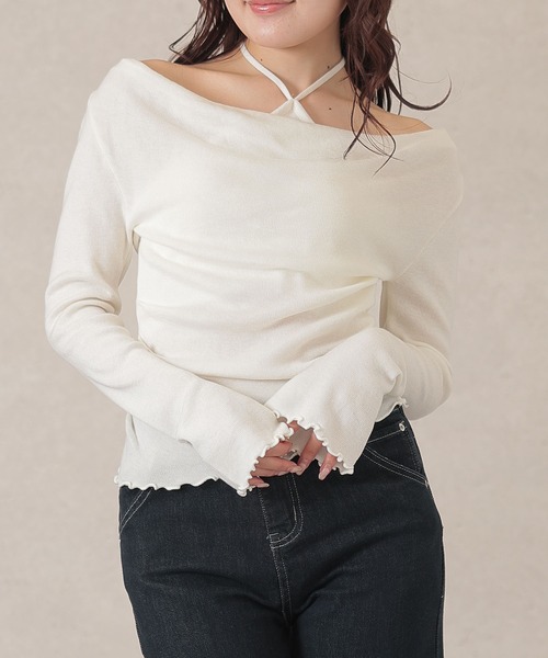Lace Ladies(レースレディース)の「ホルターネック ドレープ レイヤード風 長袖 トップス(Tシャツ/カットソー・レディース・アイボリー/グレー/ブルー/オートミール/ピンク・FREE)」の2枚目の写真