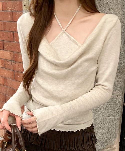 Lace Ladies(レースレディース)の「ホルターネック ドレープ レイヤード風 長袖 トップス(Tシャツ/カットソー・レディース・アイボリー/グレー/ブルー/オートミール/ピンク・FREE)」の7枚目の写真