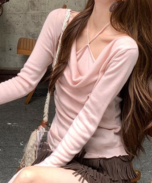 Lace Ladies(レースレディース)の「ホルターネック ドレープ レイヤード風 長袖 トップス(Tシャツ/カットソー・レディース・アイボリー/グレー/ブルー/オートミール/ピンク・FREE)」の9枚目の写真