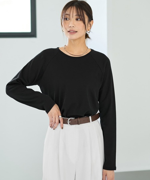 STYLE DELI(スタイルデリ)の「【ものづくりJAPAN】MeltyスムースラグランロングTシャツ(Tシャツ/カットソー・レディース・ベージュ系/ブラック・FREE)」の14枚目の写真