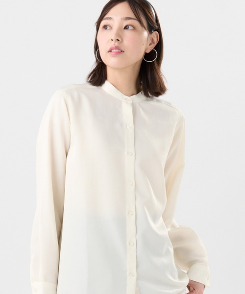 TOKYO SHIRTS(トウキョウシャツ)の「サテン ワイドシルエット スタンドシャツ(シャツ/ブラウス・レディース・ブラウン/ホワイト・M/L/LL)」の2枚目の写真