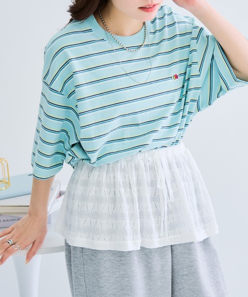 FRUIT OF THE LOOM（フルーツオブザルーム）の「【FRUIT OF THE LOOM】ピーチ起毛ボーダーTシャツ　袖ワッペン（Tシャツ/カットソー・レディース・サックスブルー/アイボリー/オレンジ/イエロー/ブラウン/チャコールグレー・L/M/S）」の5枚目の写真