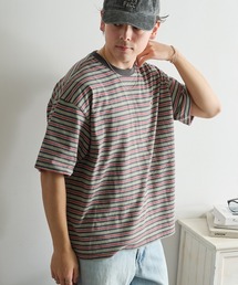 【FRUIT OF THE LOOM】ピーチ起毛ボーダーTシャツ 袖ワッペン