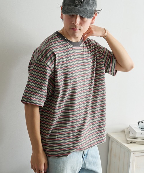 FRUIT OF THE LOOM（フルーツオブザルーム）の「【FRUIT OF THE LOOM】ピーチ起毛ボーダーTシャツ　袖ワッペン（Tシャツ/カットソー・レディース・サックスブルー/アイボリー/オレンジ/イエロー/ブラウン/チャコールグレー・L/M/S）」の3枚目の写真
