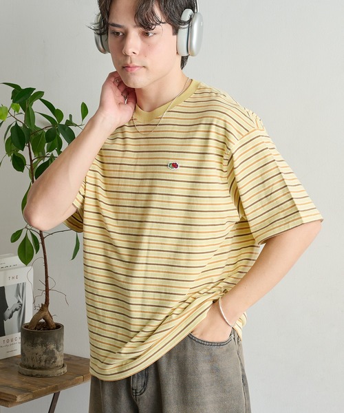 FRUIT OF THE LOOM（フルーツオブザルーム）の「【FRUIT OF THE LOOM】ピーチ起毛ボーダーTシャツ　袖ワッペン（Tシャツ/カットソー・レディース・サックスブルー/アイボリー/オレンジ/イエロー/ブラウン/チャコールグレー・L/M/S）」の15枚目の写真
