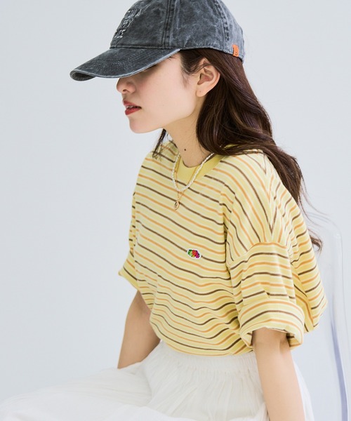 FRUIT OF THE LOOM（フルーツオブザルーム）の「【FRUIT OF THE LOOM】ピーチ起毛ボーダーTシャツ　袖ワッペン（Tシャツ/カットソー・レディース・サックスブルー/アイボリー/オレンジ/イエロー/ブラウン/チャコールグレー・L/M/S）」の13枚目の写真
