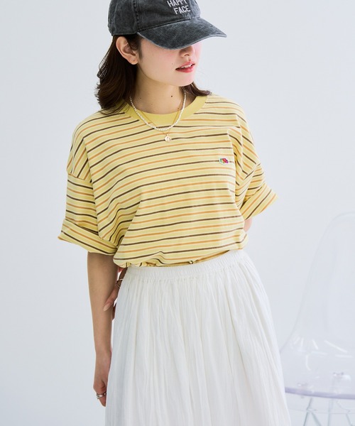 FRUIT OF THE LOOM（フルーツオブザルーム）の「【FRUIT OF THE LOOM】ピーチ起毛ボーダーTシャツ　袖ワッペン（Tシャツ/カットソー・レディース・サックスブルー/アイボリー/オレンジ/イエロー/ブラウン/チャコールグレー・L/M/S）」の10枚目の写真