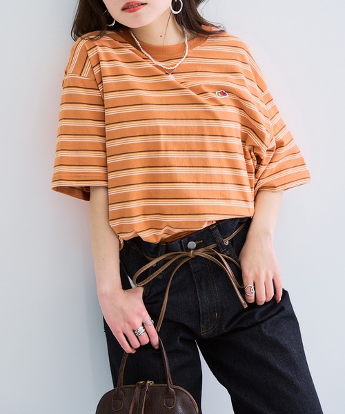 FRUIT OF THE LOOM（フルーツオブザルーム）の「【FRUIT OF THE LOOM】ピーチ起毛ボーダーTシャツ　袖ワッペン（Tシャツ/カットソー・レディース・サックスブルー/アイボリー/オレンジ/イエロー/ブラウン/チャコールグレー・L/M/S）」の20枚目の写真