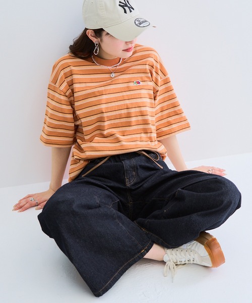 FRUIT OF THE LOOM（フルーツオブザルーム）の「【FRUIT OF THE LOOM】ピーチ起毛ボーダーTシャツ　袖ワッペン（Tシャツ/カットソー・レディース・サックスブルー/アイボリー/オレンジ/イエロー/ブラウン/チャコールグレー・L/M/S）」の21枚目の写真