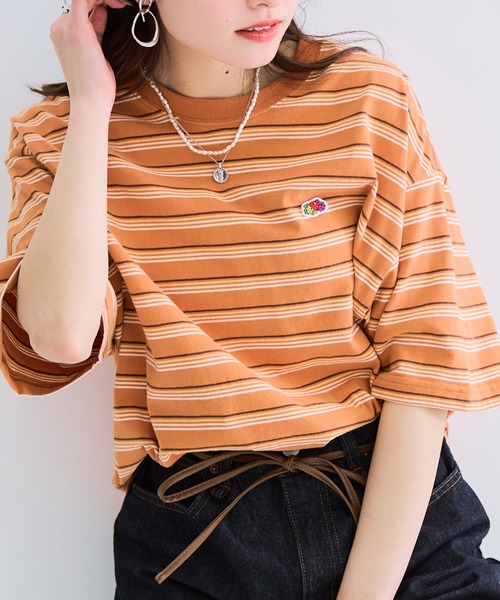 FRUIT OF THE LOOM（フルーツオブザルーム）の「【FRUIT OF THE LOOM】ピーチ起毛ボーダーTシャツ　袖ワッペン（Tシャツ/カットソー・レディース・サックスブルー/アイボリー/オレンジ/イエロー/ブラウン/チャコールグレー・L/M/S）」の19枚目の写真