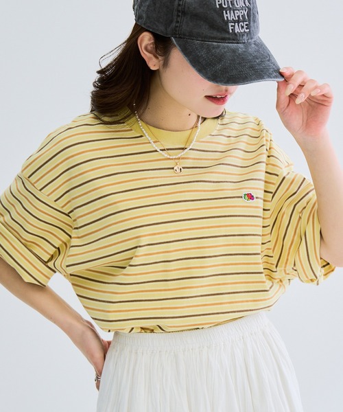 FRUIT OF THE LOOM（フルーツオブザルーム）の「【FRUIT OF THE LOOM】ピーチ起毛ボーダーTシャツ　袖ワッペン（Tシャツ/カットソー・レディース・サックスブルー/アイボリー/オレンジ/イエロー/ブラウン/チャコールグレー・L/M/S）」の14枚目の写真