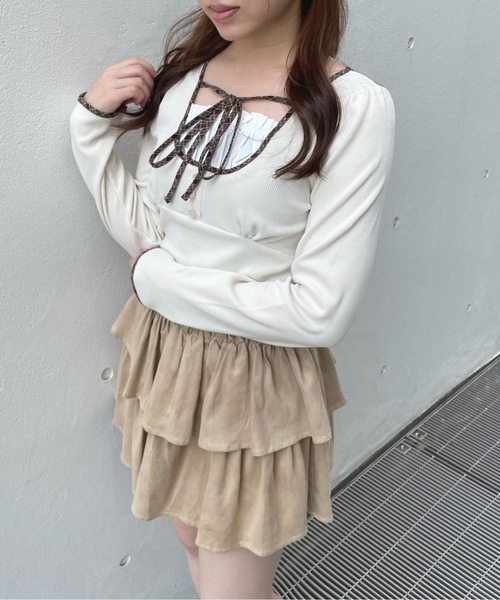 one way（ワンウェイ）の「長袖チェックパイピングカットソー（Tシャツ/カットソー・レディース・ブラック/ブラック系その他/ベージュ系その他/ホワイト・FREE）」の7枚目の写真