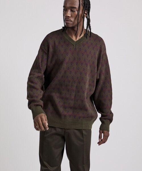Saturdays NYC(サタデーズ ニューヨークシティ )の「Charles Jacquard Vneck Sweater(ニット/セーター・メンズ・ブラック/オリーブ・S/L/M)」の1枚目の写真