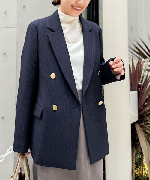 ネイビー ダブルブレスト テーラードジャケット ノーリーズ　ウォッシャブル　紺 セール】ウォッシャブルウール調ダブルジャケット（テーラード