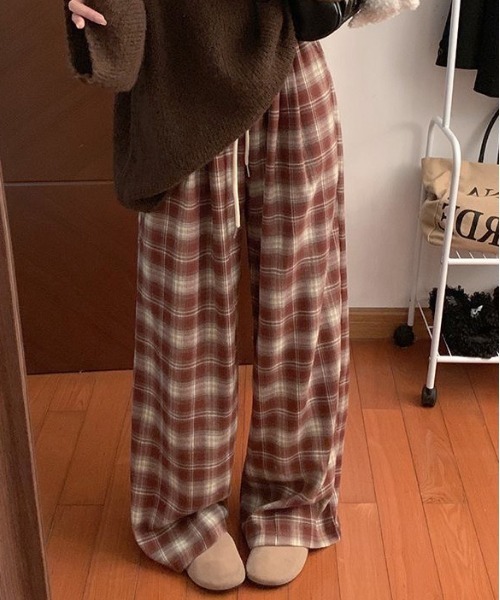 lulufa(ルルファ)の「チェック柄 ワイドパンツ /ルーズシルエット(その他パンツ・レディース・ブルー/ブラウン・MEDIUM/LARGE)」の1枚目の写真