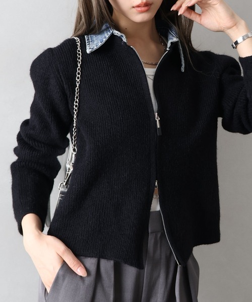 セール】デニム衿ジップニットカーディガン（カーディガン/ボレロ