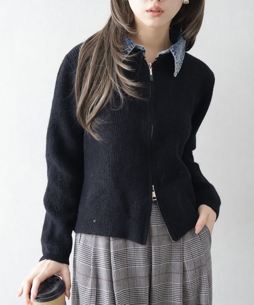 セール】デニム衿ジップニットカーディガン（カーディガン/ボレロ