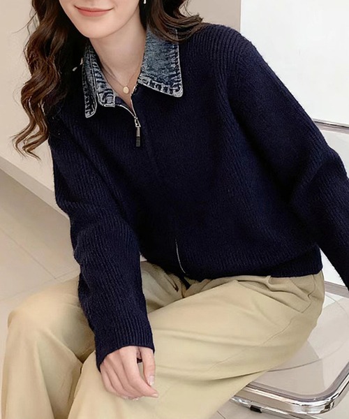 セール】デニム衿ジップニットカーディガン（カーディガン/ボレロ